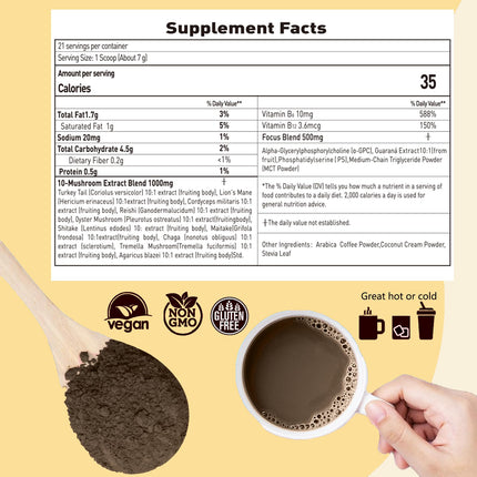 Mushroom Coffee with Focus - 10-Mushroom Extract Blend (147g, 21 Servings) | Lion's Mane
