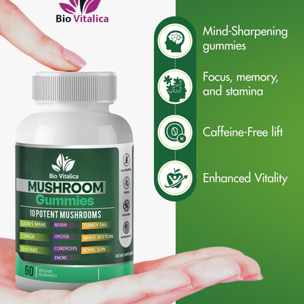 Mushroom Gummies – 10-Mushroom Complex (Lion’s Mane, Reishi, Chaga) – Fruity Vegan, Non-GMO, Gluten-Free – 3 Packs