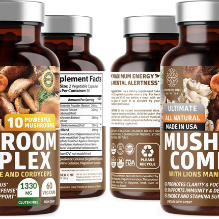 N1N Premium Mushroom Complex: 10x Powerful Mushrooms for Immunity, Brain & Energy - 60 Veg Caps (Pack of 2)