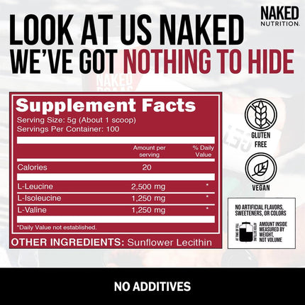 NAKED BCAAs Amino Acids Powder – 500g, 2:1:1, Vegan, Unflavored, 100 Servings