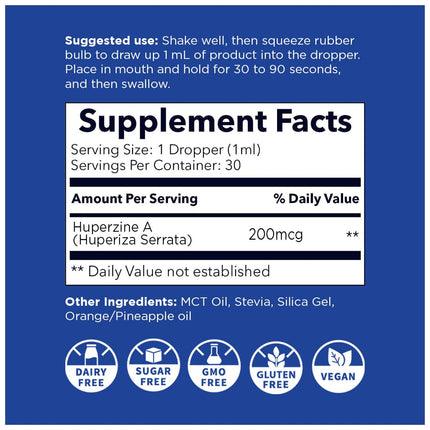 Nano HUPERZINE A – Nanosized Liquid, Instant Absorption, 6000 mcg per Bottle | 30 Servings | Non-GMO GMP Certified
