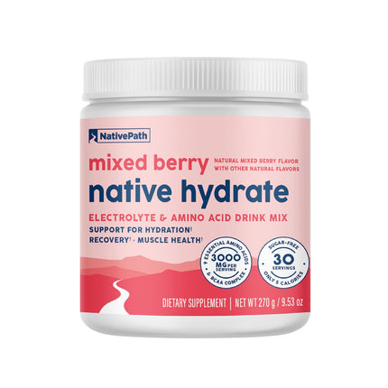 NativePath Native Hydrate Electrolyte Powder with BCAAs – Zero Sugar, Mixed Berry | 30 Servings