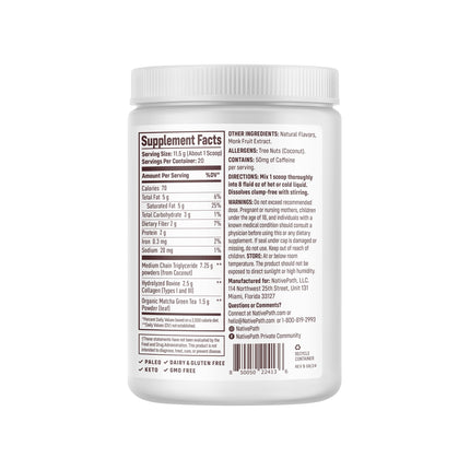 NativePath Collagen Peptides – Hydrolyzed Type I & III Collagen | Keto & Paleo, Grass-Fed, Matcha Latte 230g