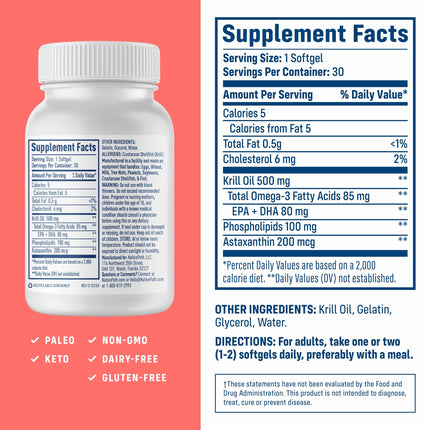 NativePath Krill Oil 500mg + Astaxanthin 200mcg | Phospholipid Omega-3 EPA/DHA, 30 Softgels