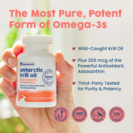 NativePath Krill Oil 500mg + Astaxanthin 200mcg | Phospholipid Omega-3 EPA/DHA, 30 Softgels