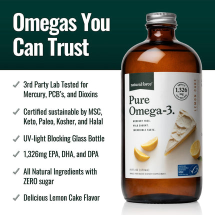 Natural Force Pure Omega-3 Lemon Liquid Fish Oil – 1,326 mg EPA/DHA/DPA, Mercury Free, Wild-Caught