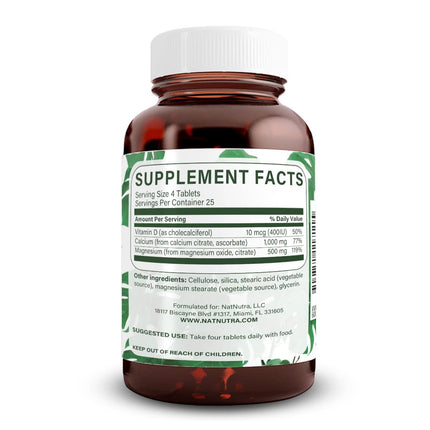 Natural Nutra Cal-Mag Citrate with Vitamin D3 - 1000/500 mg, Vegan, 100 Tablets