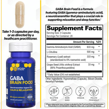 Natural Stacks GABA Brain Food - Calm & Sleep Support, 120 L-Citrulline Capsules