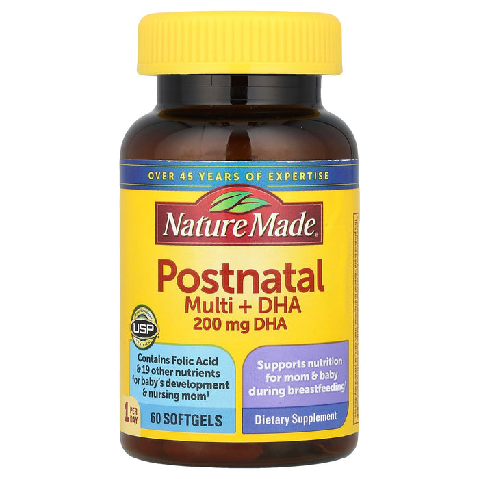 Nature Made Postnatal Multivitamin + DHA 200 mg, 60 Softgels – Supports Nursing Moms & Baby During Breastfeeding