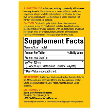 Nature Made SAM-e Complete 400 mg - 60 Enteric Coated Tablets | Mood & Joint Support