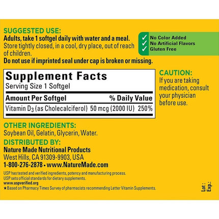 Nature Made Vitamin D3 2000 IU - 320 Softgels | Packaging May Vary
