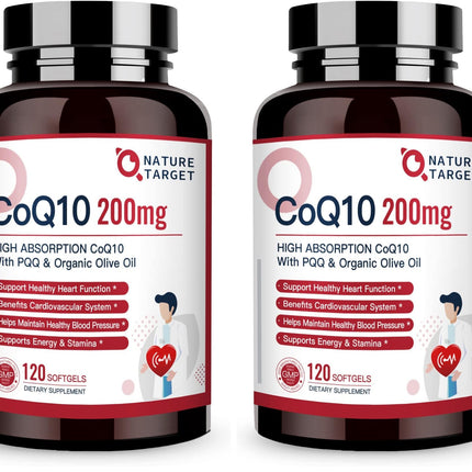 Nature Target CoQ10 200mg Softgels + PQQ with Organic Olive Oil – High Absorption, 240 Softgels (Pack of 2)