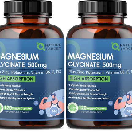 NATURE TARGET Magnesium Glycinate 500mg with Zinc & Vitamin D3 – Muscle, Nerve & Bone Support, Heart Health & Immune Support (Pack of 2, 240 Capsules)