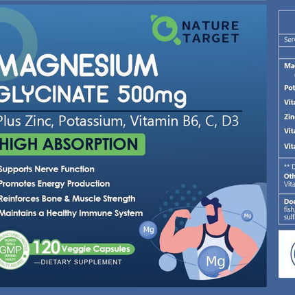 NATURE TARGET Magnesium Glycinate 500mg with Zinc & Vitamin D3 – Muscle, Nerve & Bone Support, Heart Health & Immune Support (Pack of 2, 240 Capsules)