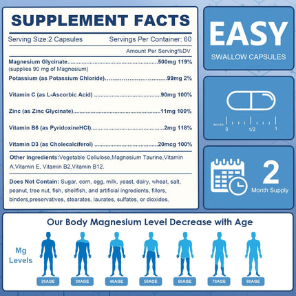 NATURE TARGET Magnesium Glycinate 500mg with Zinc & Vitamin D3 – Muscle, Nerve & Bone Support, Heart Health & Immune Support (Pack of 2, 240 Capsules)