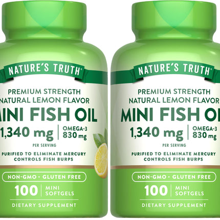 Nature's Truth Mini Fish Oil Omega-3 1340 mg | 100 Softgels | Burpless Lemon (Pack of 2)