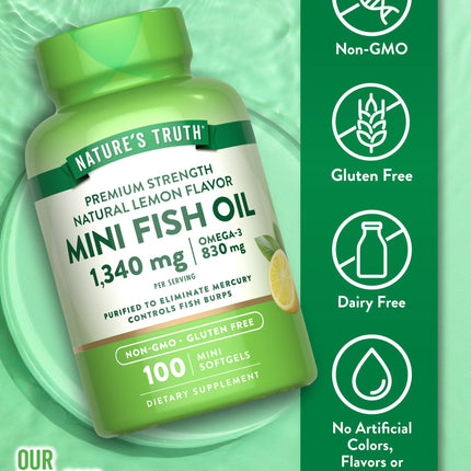 Nature's Truth Mini Fish Oil Omega-3 1340 mg | 100 Softgels | Burpless Lemon (Pack of 2)