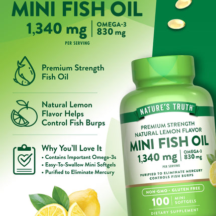 Nature's Truth Mini Fish Oil Omega-3 1340 mg | 100 Softgels | Burpless Lemon (Pack of 2)