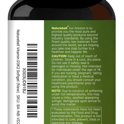 NatureBell Vitamin D3 10,000 IU + K2 200 mcg (MK-7) - 240 Softgels, Coconut Oil, Non-GMO
