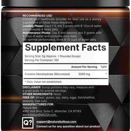NatureBell Creatine Monohydrate Powder – 500g, 100 Servings, Unflavored, Micronized