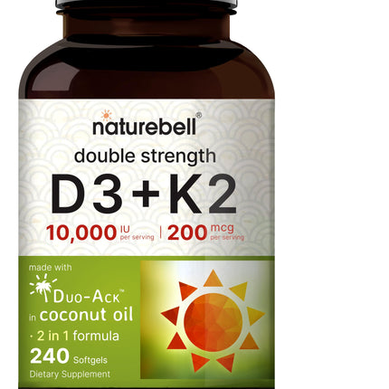 NatureBell Vitamin D3 10,000 IU + K2 200 mcg (MK-7) - 240 Softgels, Coconut Oil, Non-GMO