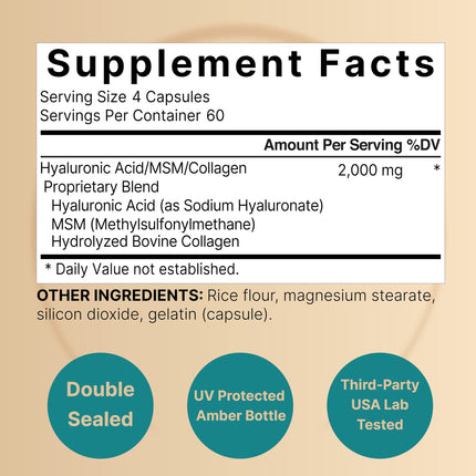NatureBell 2 Pack Hyaluronic Acid 2000 mg | 480 Capsules with MSM & Hydrolyzed Collagen – Skin Hydration, Joints, Hair & Eyes