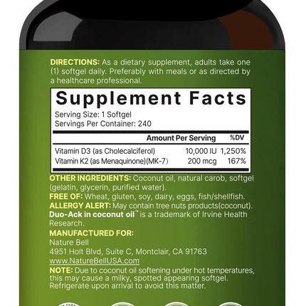 NatureBell Vitamin D3 10,000 IU + K2 200 mcg (MK-7) - 240 Softgels, Coconut Oil, Non-GMO