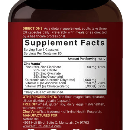 NatureBell Zinc Quercetin 480 Capsules (2 Pack) - 4-in-1 Immune Support