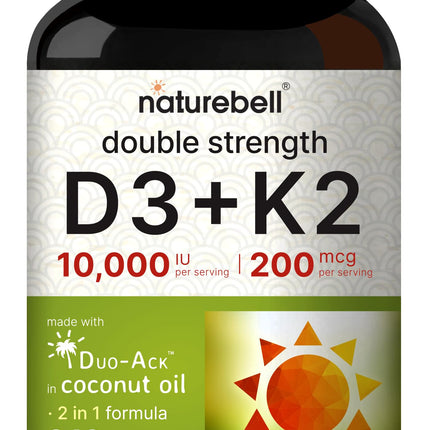 NatureBell Vitamin D3 10,000 IU + K2 200 mcg (MK-7) - 240 Softgels, Coconut Oil, Non-GMO