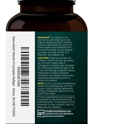 NatureBell Vitamin K Complex K1+K2 (MK-7/MK-4) 2600mcg | 300 Softgels | Non-GMO