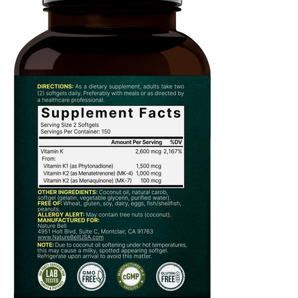 NatureBell Vitamin K Complex K1+K2 (MK-7/MK-4) 2600mcg | 300 Softgels | Non-GMO