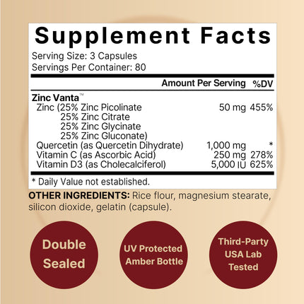 NatureBell Zinc Quercetin 480 Capsules (2 Pack) - 4-in-1 Immune Support