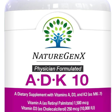 NatureGenX ADK10 – High Potency Vitamin ADK (D3 10,000 IU, K2 MK-7) | Bone, Immune & Heart Support | 90 Capsules