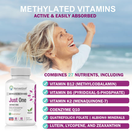 NatureGenX Just One Daily Methylated Multivitamin - 60 Caps, 2-Month Supply, Iron-Free, MTHFR Support, Gluten Free