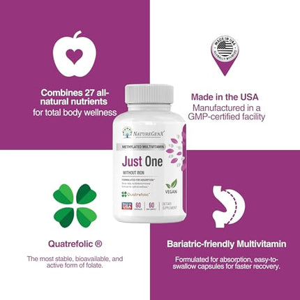 NatureGenX Just One Daily Methylated Multivitamin - 60 Caps, 2-Month Supply, Iron-Free, MTHFR Support, Gluten Free