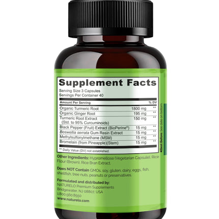 NATURELO Turmeric Curcumin with BioPerine - Plant-Based Joint Support (120 Vegan Capsules)