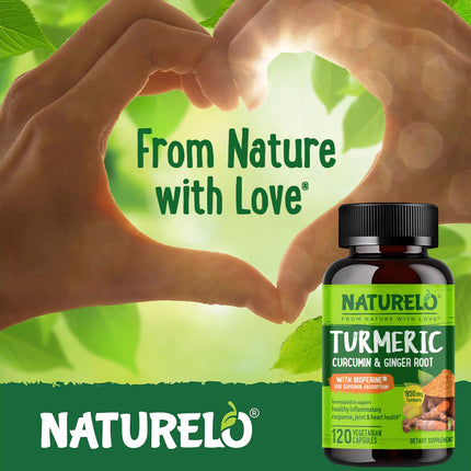 NATURELO Turmeric Curcumin with BioPerine - Plant-Based Joint Support (120 Vegan Capsules)