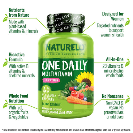 NATURELO One Daily Multivitamin for Women – 60 Ct, Energy Support, Non-GMO, Gluten Free