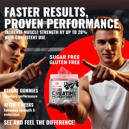 Natures Aid Creatine Monohydrate Gummies (5g) – Pre-Workout Energy & Muscle Growth Support (Strawberry Electrolyte, 135 Count)
