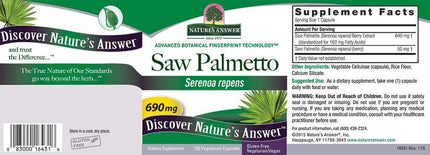 Saw Palmetto 690mg Prostate Support | Nature's Answer | 120 Vegan Caps