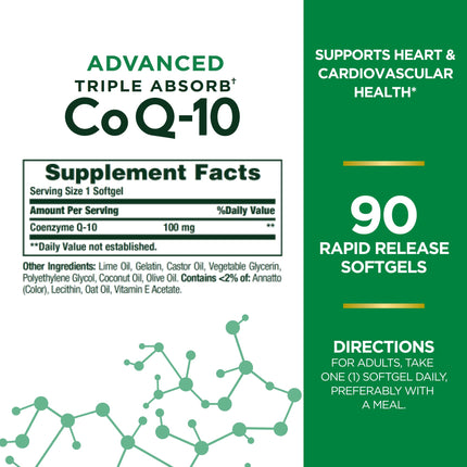 Nature's Bounty Advanced Triple Absorb CoQ-10 Softgels 100mg | Heart Health 90 Ct
