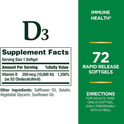 Nature's Bounty D3-10,000 IU Softgels 72 ea (Pack of 4) – Vitamin D3 Supplement