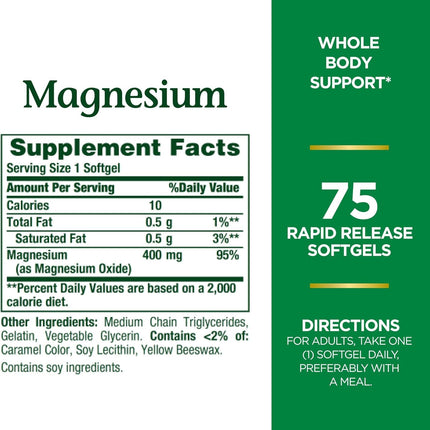 Nature's Bounty Magnesium 400 mg Softgels - 75 ea (2-pack)