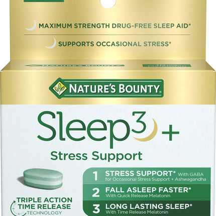 Nature’s Bounty Sleep3+ Stress Support – Maximum-Strength, Drug-Free Sleep Aid with 10 mg Melatonin, Time-Release, 56 Tri-Layered Tablets