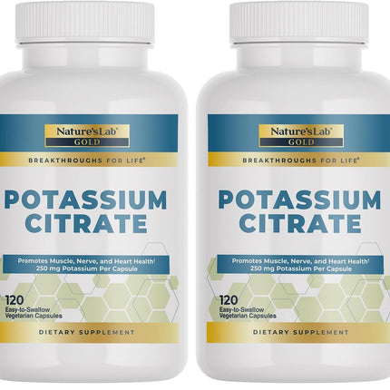 Nature's Lab Gold Potassium Citrate 250mg - 120 Capsules (Pack of 2) - Heart, Nerve & Muscle Support