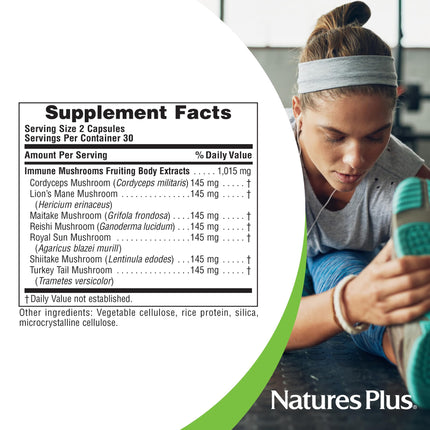 Natures Plus Immune Mushroom - 60 Capsules - Fruiting Body Immune Complex - from Seven Different Mushrooms - Delivers Key Micronutrients - Vegan, Gluten Free - 30 Servings