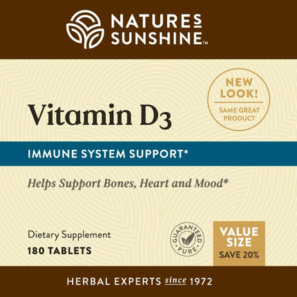 Nature's Sunshine Vitamin D3, 180 Tablets | Supports Bone Health, Overall Wellness, and May Improve Mood