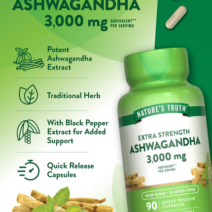 Nature's Truth Ashwagandha Capsules 3000mg – Extra Strength (90 Count) Pack of 2 | Black Pepper, Non-GMO & Gluten Free