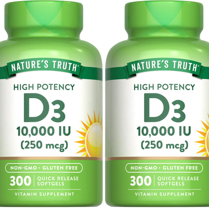 Nature's Truth Vitamin D3 10000 IU Softgels | 300 Count | Extra Strength | Non-GMO & Gluten Free Supplement (Pack of 2)