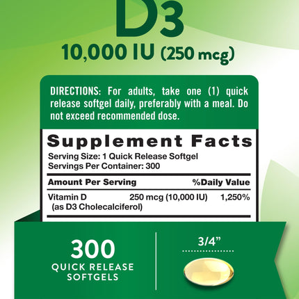 Nature's Truth Vitamin D3 10000 IU Softgels | 300 Count | Extra Strength | Non-GMO & Gluten Free Supplement (Pack of 2)